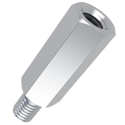 Male / Female PC Standoff - 4-40UNC to M3, 5mm Height, 4mm Threads - Nickel Plated Brass