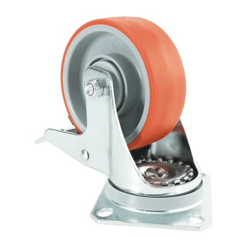 125mm Braked Top Plate Red Polyurethane Castors | Heavy duty wheels