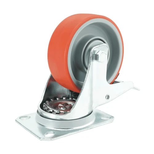 125mm Braked Top Plate Red Polyurethane Castors | Heavy duty wheels
